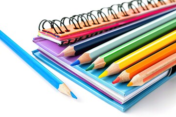 High Quality Image of Back to School Notebooks and Pencils Isolated on White Background