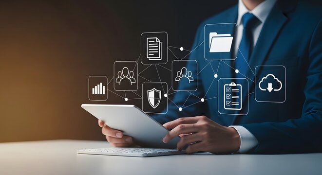 Businessman using tablet with cloud, file, and security icons for digital data management and protection.