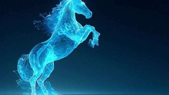 A stylized, light-blue, digital horse rearing, depicted as wispy, interconnected lines against a dark background
