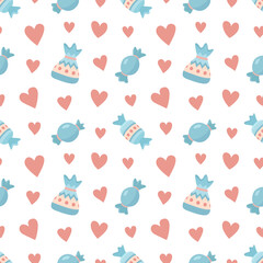 Seamless pattern with sweet candies and hearts
