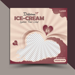 Delicious Ice Cream Summer Cool Social Media Promotion Ads Poster Flyer Leaflet Web Banner Cover Design Vector Illustration, Food Menu Vector Template. Chocolate Coated Ice Cream Cone Vanilla Filling