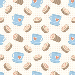 Seamless pattern with swiss rolls and cups