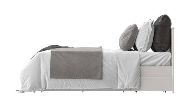 An inviting, stylish bed set for a good rest and sleep, with soft pillows and cozy blankets. Perfect for creating a relaxing space in any bedroom.