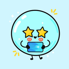 A cute cartoon bubble character with star eyes happily holding a tablet.