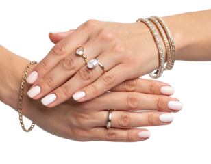 Peach-Toned Manicured Nails with Jewelry Accents, isolated on transparent background.