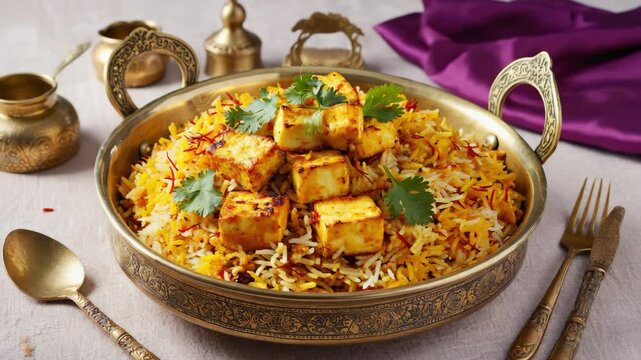 Delicious paneer biryani served in a traditional brass bowl with spices and herbs