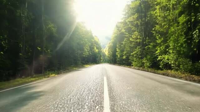 Sunny asphalt road stretches through dense green forest with bright sunlight filtering through tree canopy creating natural tunnel effect and peaceful driving perspective ahead
