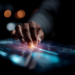 A hand manipulating holographic budget sliders on a futuristic tech screen