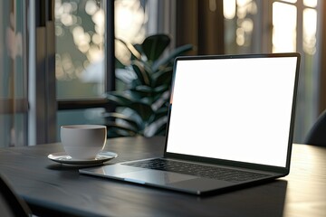 Work From Home, Workspace Concept, Gray Laptop on Table with Cup of Coffee