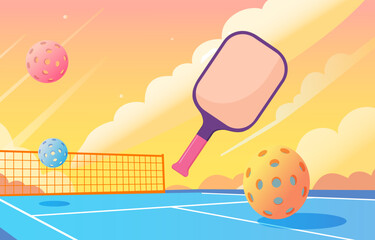 Minimalist cartoon illustration of a pickleball paddle and colorful balls flying across a court under a bright yellow and pink sunset sky with soft clouds