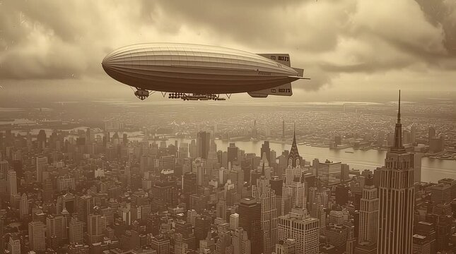 old worn vintage sepia toned polaroid photo of airship flying over new york city	
