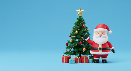 Cute 3D Santa Claus waving by a decorated Christmas tree with presents on a blue background