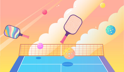 Colorful cartoon illustration of pickleball paddles and balls flying over a net on a bright court with a vibrant sunset sky and clouds