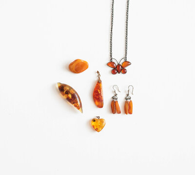 Vintage jewelry pieces with real amber stones