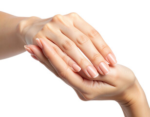 Woman&rsquo;s Hand with Glossy Peach Manicure, isolated on transparent background.