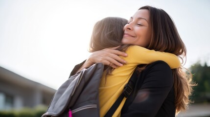 Mother embraces her daughter warmly, showcasing moment of love and connection. sunlight creates soft glow, enhancing emotional atmosphere of this heartfelt scene