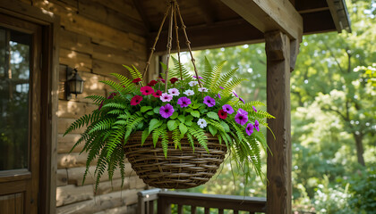 Lush hanging basket overflowing with vibrant purple pink and white flowers and green ferns