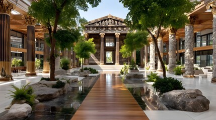 Fototapeta premium Heritage structure integrated into stylish patio high resolution photo