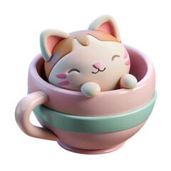 Adorable cartoon cat character peeking out of a pink teacup isolated on white background
