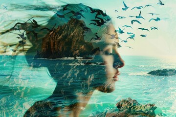 High Resolution of Double Exposure Portrait with Coast and Sea