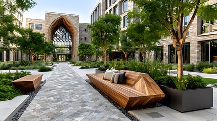 Fototapeta premium Beautiful college courtyard with blooming plants high resolution photo