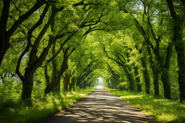 Fototapeta premium Green tree tunnel path on a sunny day