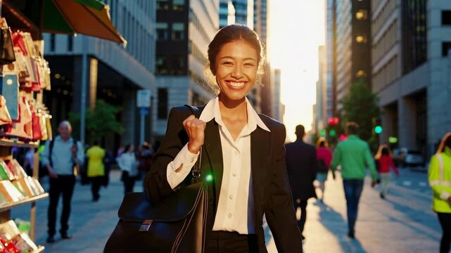 A happy businesswoman walks through the city during her daily commute. She loves her work and life, and can't wait to start her day