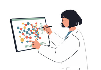 A female scientist adjusts a molecular model on a tablet, showcasing scientific research and digital design. Modern, professional, and visually engaging.