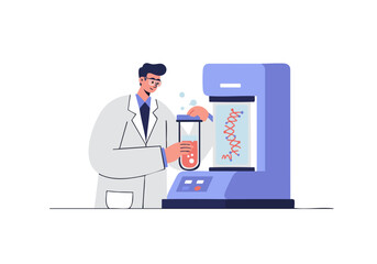 A scientist examines a DNA helix in a laboratory, showcasing modern biotechnology. Clean, bright, and professional.