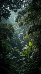 Fototapeta premium A view into a lush green forest with sunlight filtering through the canopy and dense vegetation below