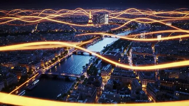 Paris Night Lights Cityscape with Illuminated Curves and River Seine