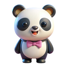 Cute 3d rendered panda wearing a pink bow tie isolated on white background