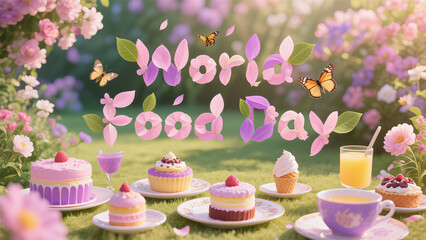 Petals form the text of World Food Day, paired with picnic desserts, representing food and nature, and a relaxed festive atmosphere, used for food festivals and outdoor promotional scenes.
