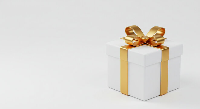 Elegant 3D rendered white gift box with luxurious golden ribbon and bow on a simple background