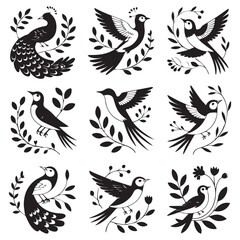 Collection of nine black and white silhouette illustrations of birds and foliage on a white background