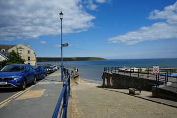 Seaside promenade and coastal view at Filey, North Yorkshire, England.
