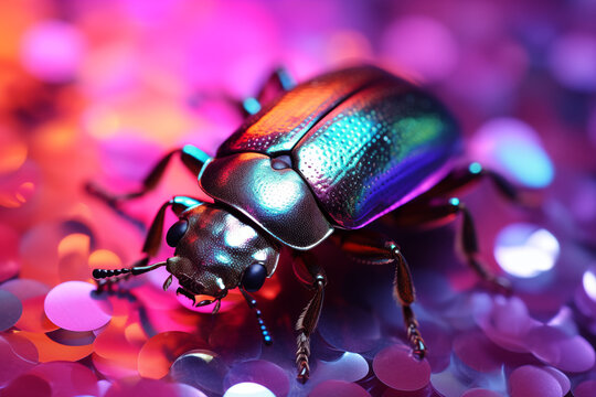 Shiny pink beetle on glitter background