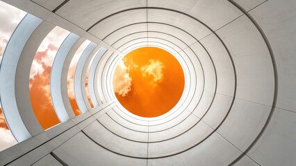 Modern architectural marvel with a vibrant orange sky viewed through circular openings and curved structures