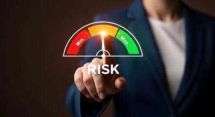 Businesswoman pointing at holographic risk meter with min to max scale for business risk assessment.