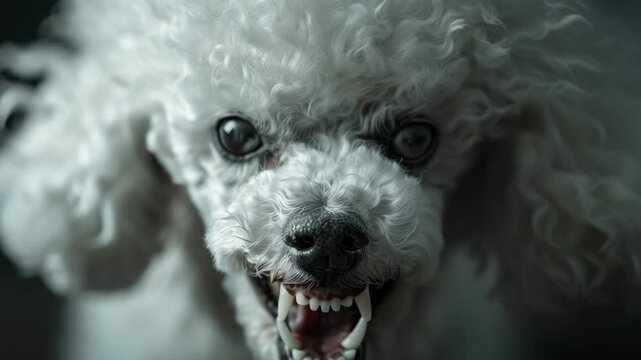 a white poodle dog with an angry face barks and growls aggressively. Unreal image of an aggressive but docile dog. concept for aggression anger and rage