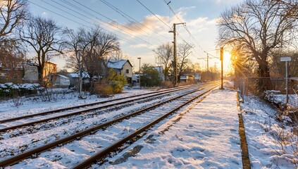 Winter Sunlight Over Fresh Railway Tracks Scene