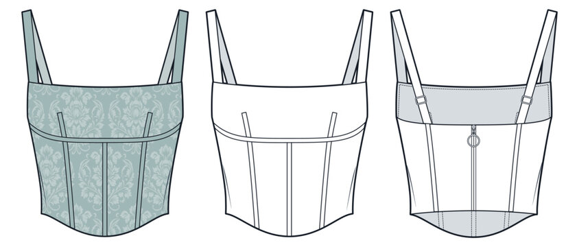 Women Corset Top Technical Fashion Sketch. Strap Top fashion flat technical drawing template, back zipper, adjustable straps, front and back view, white, soft teal, floral print, women Top CAD mockup.