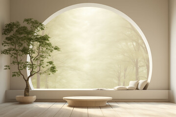 Simple, quiet room with round windows and sunlight.