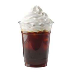 Iced coffee with a layer of whipped cream in a clear plastic glass on a white background