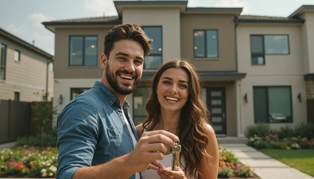 Young couple smiling while holding house keys outside their new home - Powered by Adobe