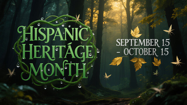 Forest background with traditional Spanish moon vine script, integrating culture and nature, used for ecological themed cultural promotion and art exhibition scenes.