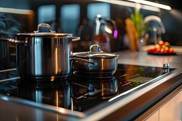 pixel perfect picture of Modern electric stove with cooking pot and frying pan in kitchen