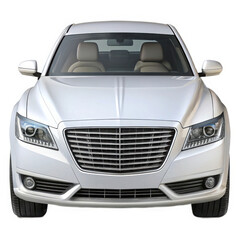 Front view of a sleek white luxury sedan isolated on white background
