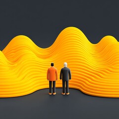 Two figures admire a vibrant abstract landscape.