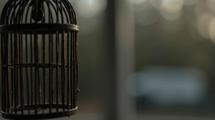 An antique, empty birdcage hangs suspended, casting a sense of quiet longing or forgotten freedom